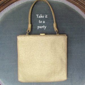 GOLD LAME PURSE w CLICK-SHUT LEAF CLASP, 1960s VINTAGE, CHIC PARTY BAG, COSTUME